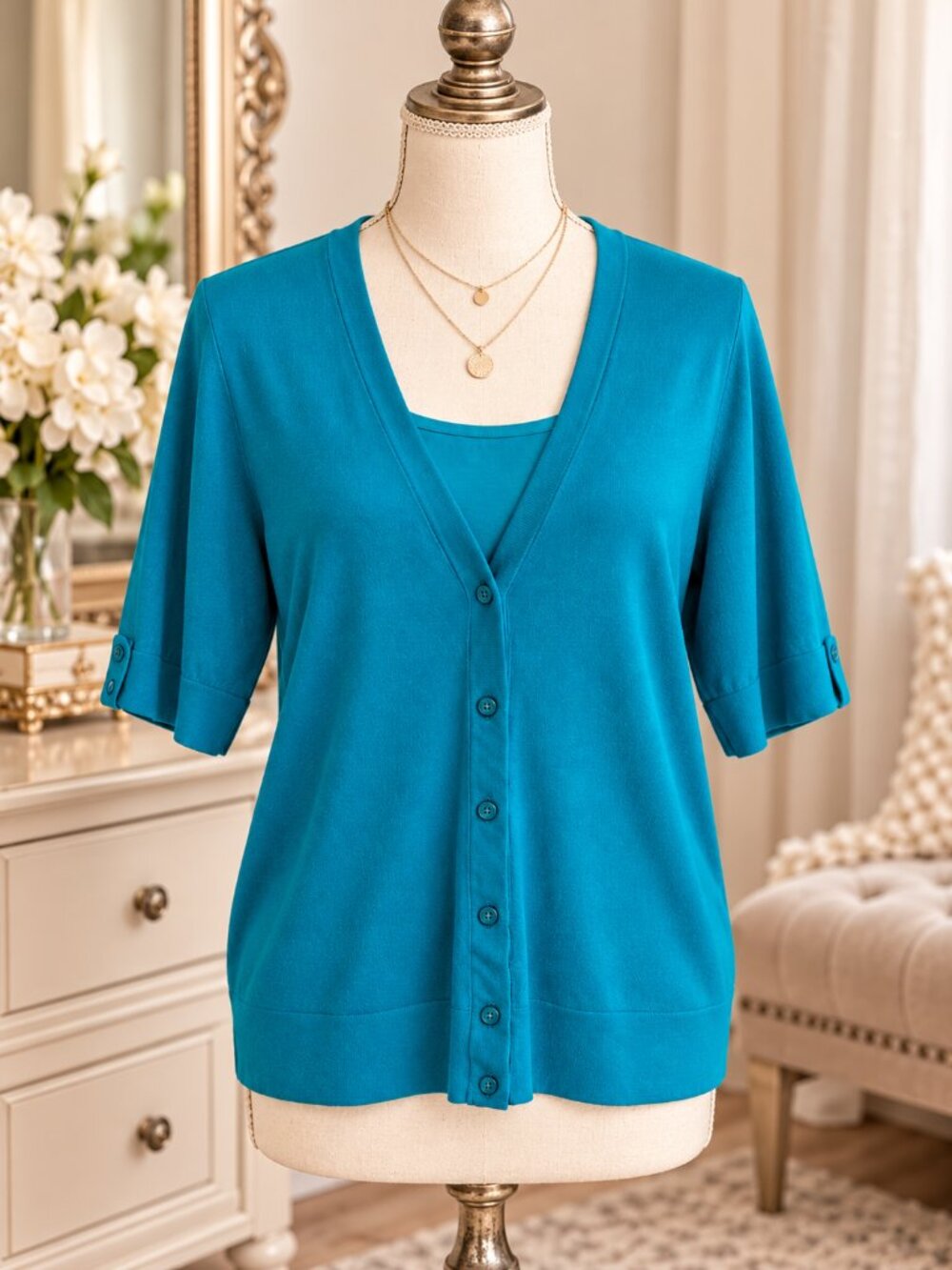 Ann Taylor Teal Knit Short Sleeve V-Neck Cardigan & Matching Shell Set - Medium